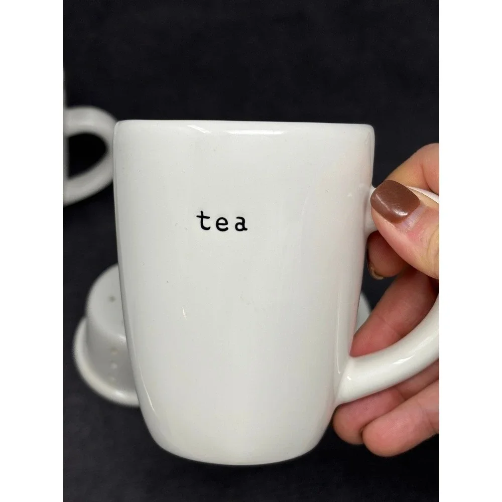 Pottery Barn Coffee House White‎ Ceramic Tea Mug Infuser Lid Set